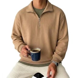 Men's Half Zip Striped Sweatshirt Casual Lapel Ribbed Polo Collar Pullover Tops Long Sleeve Knit Hooded for Man Lapel Coats