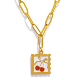316L Stainless Steel Necklace - Whimsical Cherry Strawberry Charm Pendant, 17mm Square Hypoallergenic Dainty Jewelry for Women