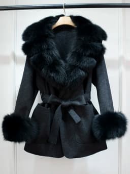 Lagabogy 2025 Large Natural Fox Fur Collar Cuffs Winter Cashmere Wool Blends Women Slim Fit Suit Double Sided Woolen Trench Coat