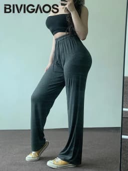Women Spring Summer Thin Modal Wide Leg Pants Elastic Drawstring Stretch Drape Gray High Waist Casual Pants Dance Fitness Pants