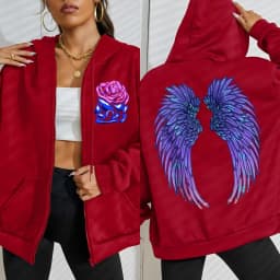 Cool Purple Creative Wings Rose Print Women Zipper Hoody Fashion Loose Sportswear Casual Fleece Hoodie Autumn Hip Hop Tracksuit