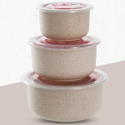 3pcs Wheat Straw Fresh-Keeping Bowl Three-Piece Set with Lid for Home Microwaveable Plastic Round Lunch Box