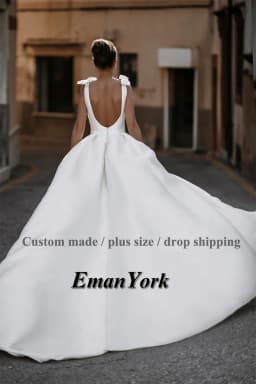 EmanY Charming V-neck Wedding Dresses for Woman Satin A-line Backless Button Pleated Bowknot Vestidos De Novia Customized