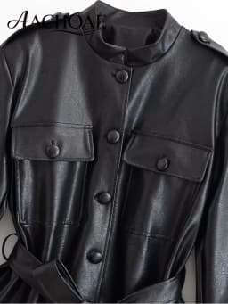 AACHOAE Women PU Leather Jacket Belted Waist Coat Stand Collar Button Front Long Sleeve Casual Vintage Faux Leather Outerwear