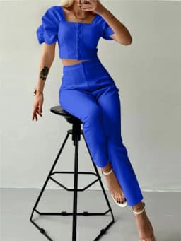 Elegant Women's Office Two Piece Sets Summer Fashion Solid Square Collar Single Breasted Short Sleeve Top & Long Pants Suit