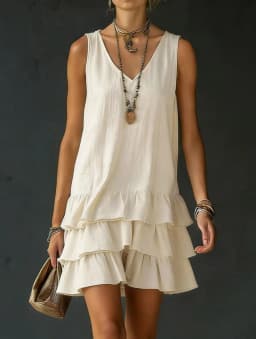 2026 Summer Casual Simple Solid Color Dress Women's Elegant Solid Color V-Neck Sleeveless Loose Layered Ruffle Edge Vest Dress