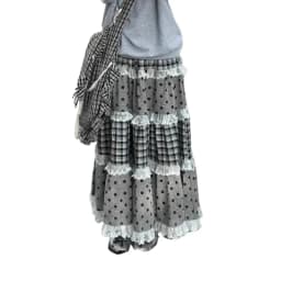 Plaid Wave Point Skirts Women Lace Patchwork Ruffles A-line Skirt for Women Harajuku All-match Falda Elegant Retro Sexy Mujer