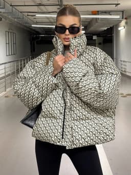 Oversized Printed Stand Collar Zipper Padded Jacket Women Elegant Long Sleeve Loose Autumn Winter Coats Fashion Ladies Outerwear