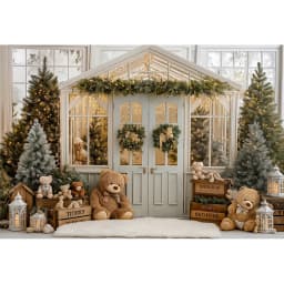 White House With Christmas Tree and Little Bear Photography Backdrop Kids Baby Cake Smash Photocall Studio Backgrounds