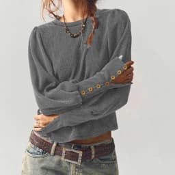 Women Autumn Winter Waffle Knit Sweatshirt Solid Long Sleeve Button Cuff Cropped Top Vintage Loose Casual Warm Pullover Blouse