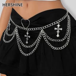 HERSHINE Women's Silver Three-Layer Cross Chain Waist Chain, Y2K Gothic Punk Harajuku Style Rock Hip Hop Accessory,spring,summer