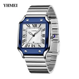 Luxury Watch for Men Square Rectangle Reloj Sliver Orologio Black Leather Strap Stainless Steel Quartz Wristwatch Male Man Clock