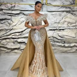 Special Wedding Party Dresses Two Pieces Vintage Evening Dresses With Detachable Train Off Shoulder Mermaid Robes De Soirée