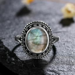 Silver Ring for Women Oval Round Natural Labradorite Ring Gift Sun Shaped Retro Luxury Fine Jewelry