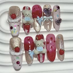 10PCS Cute 3D Bow Teddy Bear Pink French Handmade Press On Nails Lolita Kawaii Bunny Long Fake Nails Pearls Glitter Nail Art