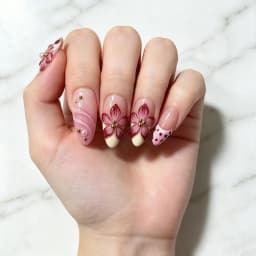 10Pcs 3D Flower Gold Beads Handmade Press On Nails Nude Pink French Almond Fake Nail M/S/XS Artificial Wearable False Fingertips