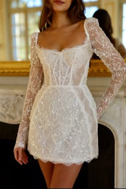Customized Mini Skirt Square Neck Sequin Lace Wedding Dress Long Sleeves vestidos de novia Lace-up Back Short Gown After Party