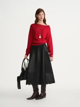 DUSHU Plus Size Women's Winter 2025 New Arrival Openwork Flower Shadow Leather Skirt with Elastic Waist and Carved Flower Design