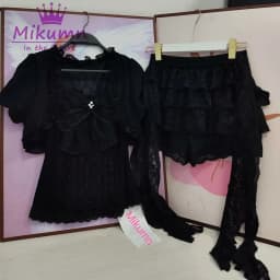 Mikumn Gothic Lolita Black Lace 3 Piece Set Women Puff Sleeve Cardigan+Bow Cami Top+Cake Mini Skirt Y2K Aesthetic Kawaii Outfit