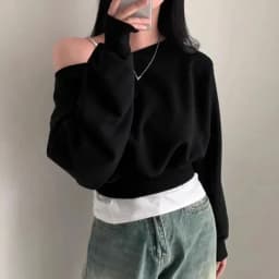 Spring 2025 Early Loose Fit Long Sve oulder Bared Slant Collar Hoodie American Sle Women's T-irt Casual Versatile Hi...