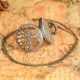Hollow Out Life Tree Pattern Bronze Pocket Watch with Necklace Chain Arabic Numerals White Dial Vintage Style Pendant Watch Gift