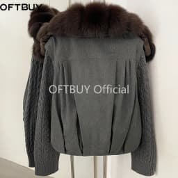 OFTBUY Cable Knit Sleeve Zipper Drawstring Hem Cropped Coat 90 White Duck Down Jacket Women Cozy Warm Winter Real Fox Fur Collar