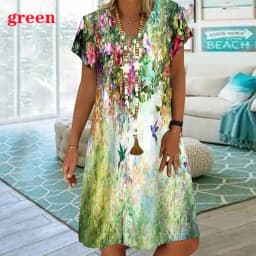 Tie Tye Colorful Gradient Floral Print Dresses For Summer Women Short Sleeve Loose Dress Casual V-Neck Ladies Oversized Clothing