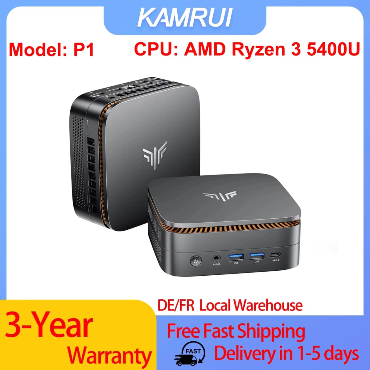 KAMRUI P1 AMD Ryzen 3 5400U Mini PC 16GB RAM 512GB Mini PC SSD Portable Gaming Mini Pc Wifi 5 Bluetooth 4.2 4K Triple Display Windows 11 Pro System Desktop Computer