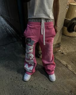Pink Double Layer Sweatpants Y2K Mens Womens Gothic Hip Hop Letter Patch Retro Baggy Pants Casual Elastic Waist Jogging Pants