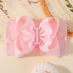26 Letters Pink Big Bows Pearl Headbands for Baby Girls 5.98'' Wide Nylon Knotted Soft Elastic Hair Bands Wraps Headwear 1PCS