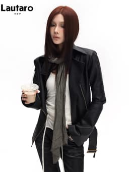 Lautaro Spring Autumn Cool Handsome Soft Black Pu Leather Jacket Women Long Sleeve Double Zippers Luxury Clothes Runway Fashion