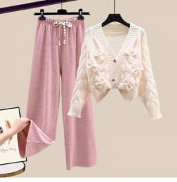 Two Piece Set For Women New In Sweater Matching Sets Korean Sweet Bow Outfit Long Sleeve Cardigan Knitwear Wide Leg Pants Set