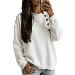 Crew Neck Sweatshirts Women Fleece Pullover Side Button Tops Fall Cute Shirt