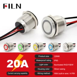 High Current 19mm 22mm 20A 12V 24V 110V 220V IP68 Waterproof Flat Ring Round Push Button Switch Metal Stainless Steel 20cm Wire