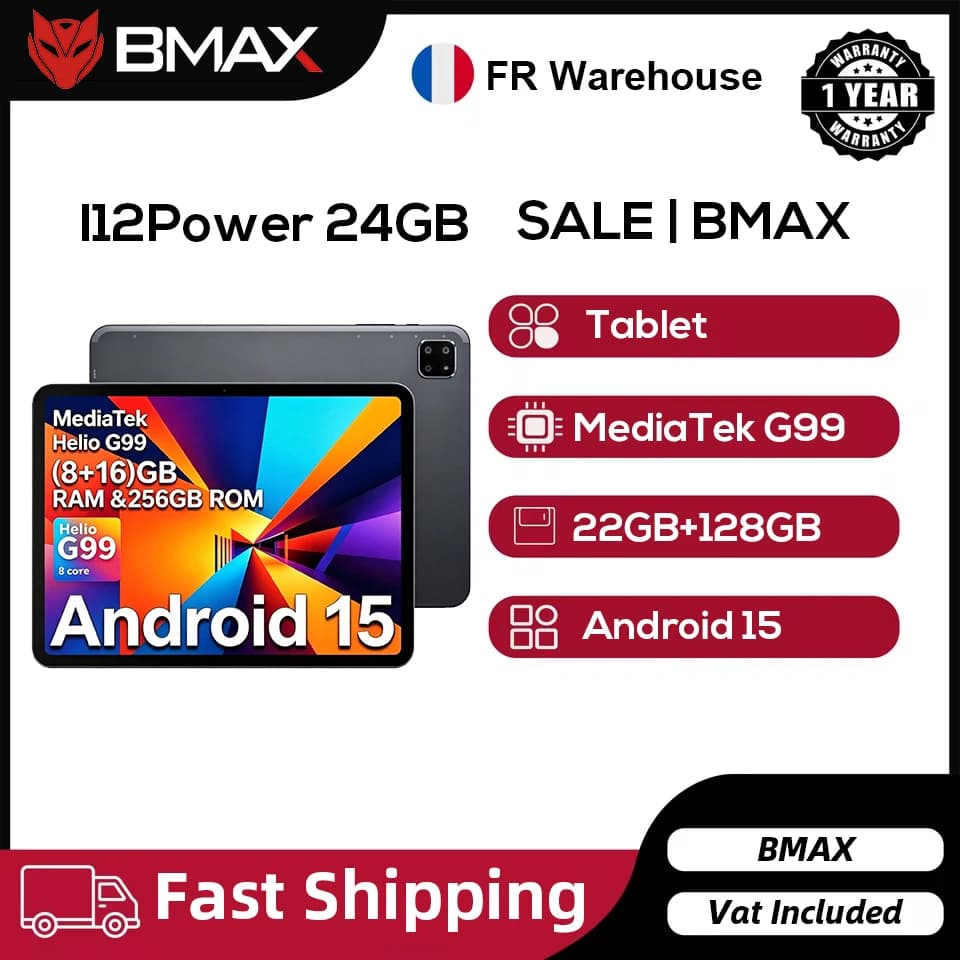 BMAX I12 Power Tablet 11.4" 2.4K IPS 90Hz Display MediaTek Helio G99 8-core 24(8GB+16GB) RAM 256GB ROM 8000mAh Type-C Android 15 Tablets 4G LTE GPS WiFi Support Dual SIM
