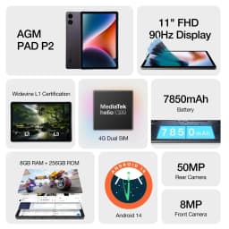 AGM Pad P2 Tablet 11" Fhd Display 480Nit Brightness 8Gb+256Gb Mtk G99 50Mp Camera 7850Mah Battery Widevine Tablet