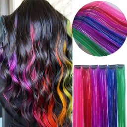Multicolor Clip in Hair Extensions Mix Tinsels Colored Hair Extensions, 2 in 1 Rainbow Hair with Silver Tinsels for Kids Girls
