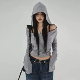 Flare Long-sleeve Hooded Crop Top Women Fall Solid Color Elastic Casual Tee Shirt Pullover Pile Collar Y2k T-shirt