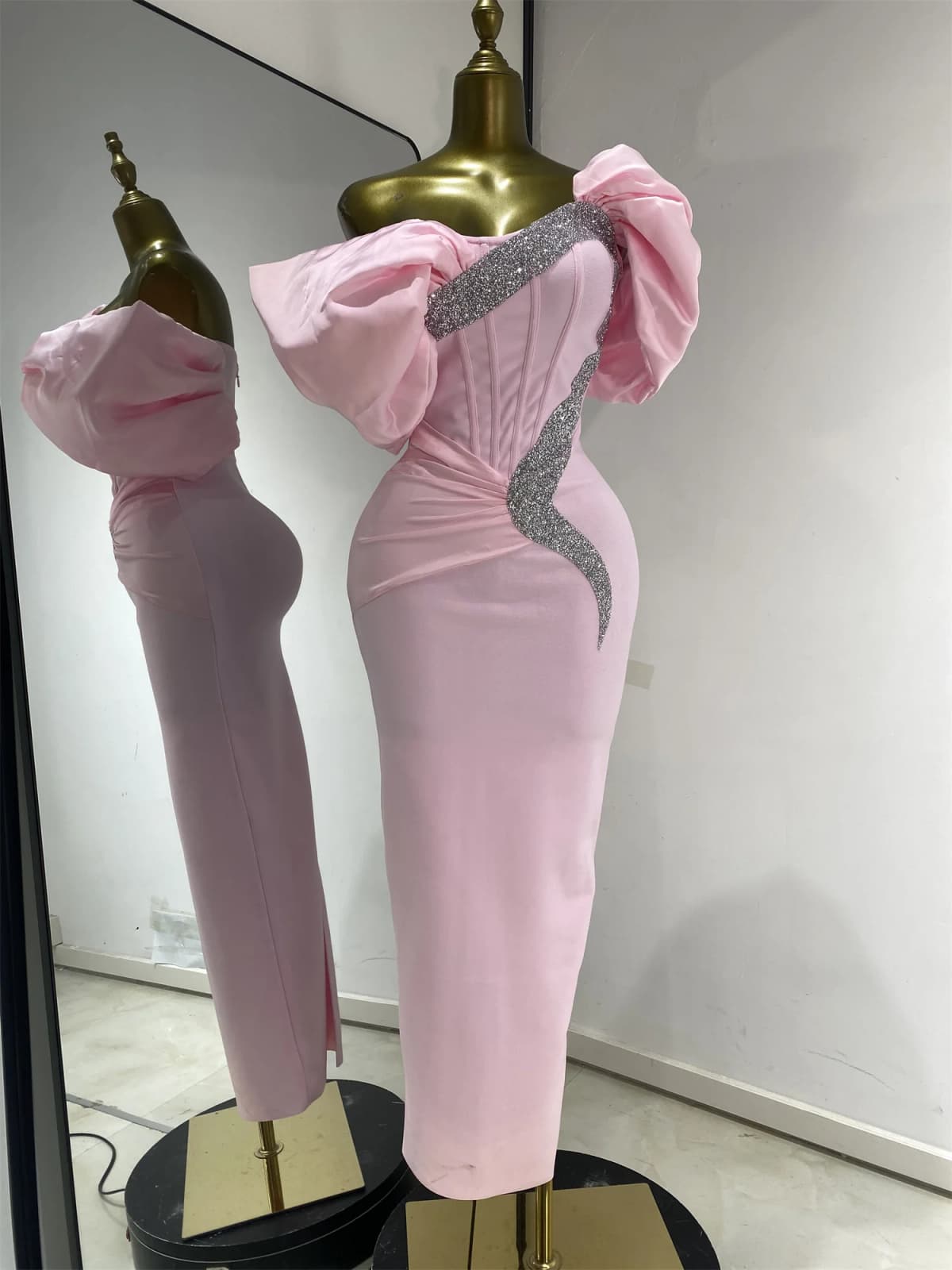 Pink Off Shoulder Satin Bandage Patchwork Evening Dress Silver Glitter Rhinestone Corset Formal Party Gown Guest Look Wholesale