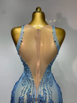 Sparkly Blue Rhinestone Tassel Mesh See Through Dress Pole Dancer Singer Outfit Women Sexy Evening Party Club Stage Costume