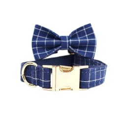 Dark Blue Check Dog Collar Leashes Harness Bow Set Grid 02