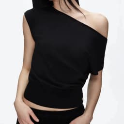 Black Asymmetrical Knitted Tank Top with One-Shoulder Design, Ruched Waist, Short Style, Slimming Fit, Sexy T-Shirt, Casual Asymmetrical Knitted Top