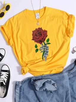 Skull And Bones The Lovers Red Rose Female Tshirts Street Hip Hop T-Shirts Cool Casual Tee Clothes Breathable Sweat Tshirt Women