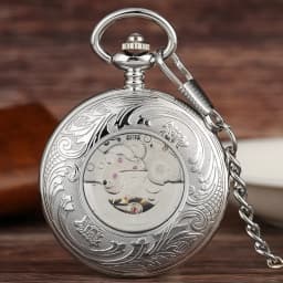 Transparent Glass Roman Numerals Blue Dial Automatic Mechanical Pocket Watch Silver Fob Chain Pendant Pocket Clock Vintage Gift