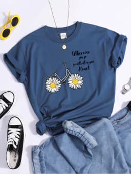 Women's Tshirt Daisy Bike Personalized Text T-Shirts Crewneck Vintage Short Sleeve Tops Korean Style Solid Color Women Tshirt