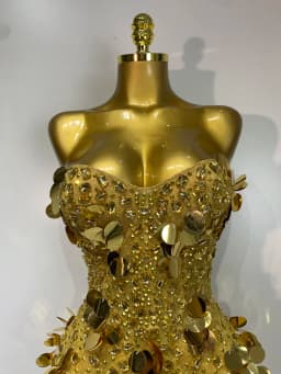 Sparkly Gold Rhinestone Sequins Sexy Strapless Mesh See Through Mini Dress Women Eveing Party Birthday Nightclub Stage Costume