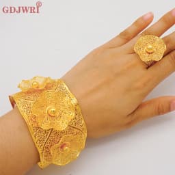 France Luxury Chain Cuff Bangle & Ring For Women Dubai Gold Color Indian Moroccan Big Bracelet Jewelry Arabic African Wedding
