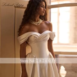 Lceland Poppy Customized A Line Mikado Satin Wedding Dresses Off the Shouler Bridal Gowns with Chapel Train