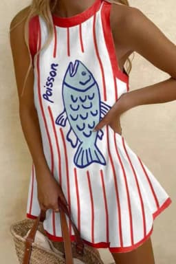 2025 Summer Casual print loose mini Dresses For Woman Fashion Beach Marine elements Dress o-neck Sleeveless party Dress