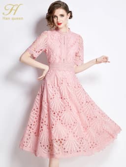 H Han Queen Spring New Elegant Casual Work Party Dresses Floral Crochet Hollow Out Lace Patchwork Casual Office Midi Dress
